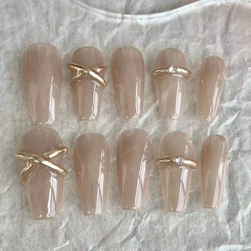 Qfdian 10 pcs Metal Handmade Press on Nails Middle Ballet Pink Bow Design False Nails Adhesive Nail  wearable Artificial Nails